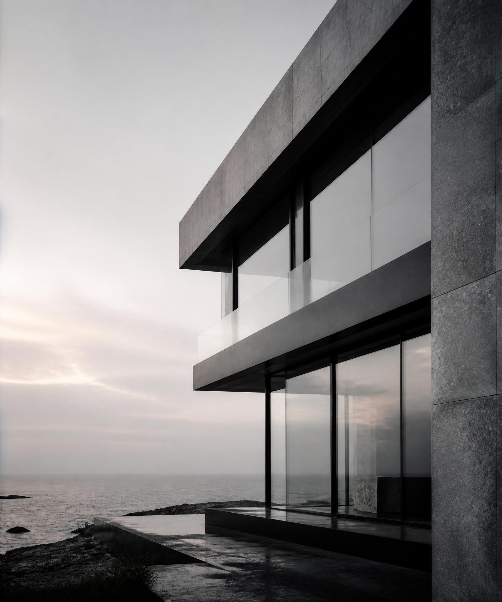Concrete and glass coastal residence at dawn